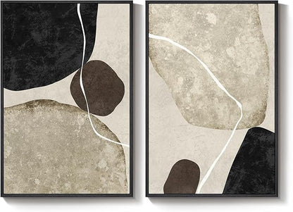 Large Framed Neutral Abstract Wall Art Set of 2, Modern Black Beige Brown Canvas Prints Paintings Artwork for Walls, Minimalist Stone Shape Pictures for Living Room Dining Bedroom Wall Decor 24x36 In