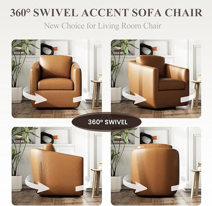 MALOL 360° Swivel Accent Chair- Comfy Living Room Armchair No-Sag Foam & Sturdy Metal Base with Pillow, Fully Assembled Swivel Accent Single Sofa for Bedroom, Office, Brown