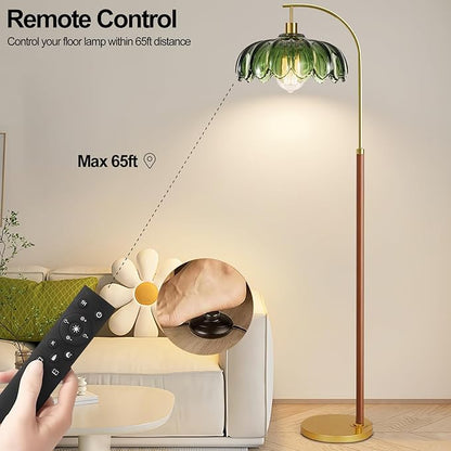 Wood Floor Lamps for Living Room,Gold Floor Lamp with Remote Control & Glass Lampshade,Arc Flower Lamp Dimmable Mid Century Modern Standing Lamp Vintage Farmhouse Tall Floor Lamp For Bedroom Corner