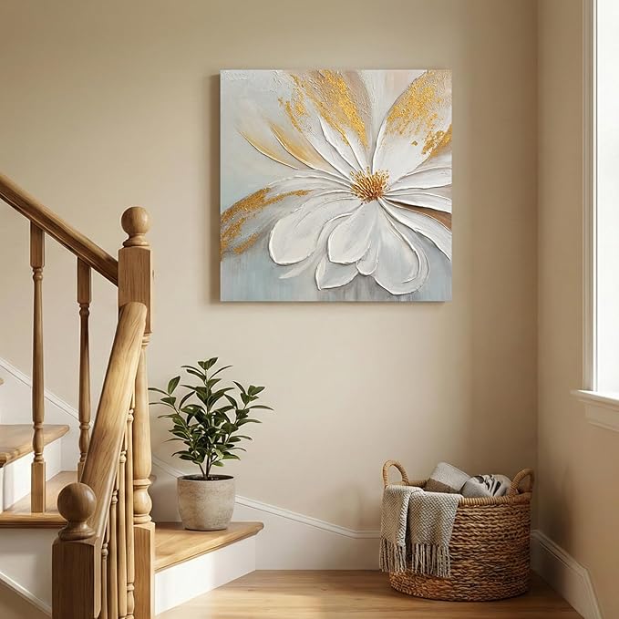 JUHOME Abstract Floral Canvas Wall Art, 24x24 In Hand Painted Original White Flower Oil Painting Textured with Gold Leaf Modern Wall Decor for Living Room Bedroom Office Framed Ready to Hang