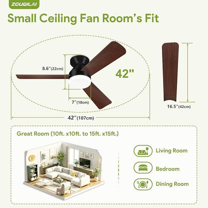 Ceiling Fans with Lights - 42 Inch Low Profile Ceiling Fan with Light and Remote, Reversible DC Motors, 3CCT Dimmable Noiseless, Black&Wood Flush Mount Ceiling Fan for Bedroom/Living Room