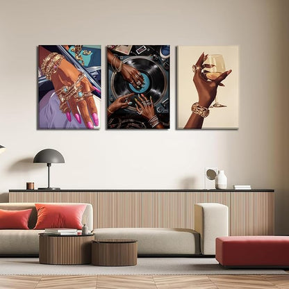 YFvrPt Black Woman Wall Art Set of 3, Trendy African American Women Wall Decor Black Girl Song Lover Canvas Poster Prints Aesthetic Pictures for Bedroom Living Room Framed 16x24 inch
