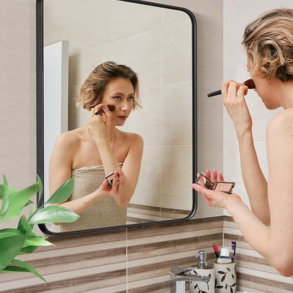 NEWBULIG 30X40 Inch Bathroom Wall Mirror, Vanity Bathroom Mirrors for Over Sink Tempered Glass, Anti-Rust Metal Framed Rounded Rectangle, Hangs Horizontally or Vertically, Farmhouse Home Decor, Black