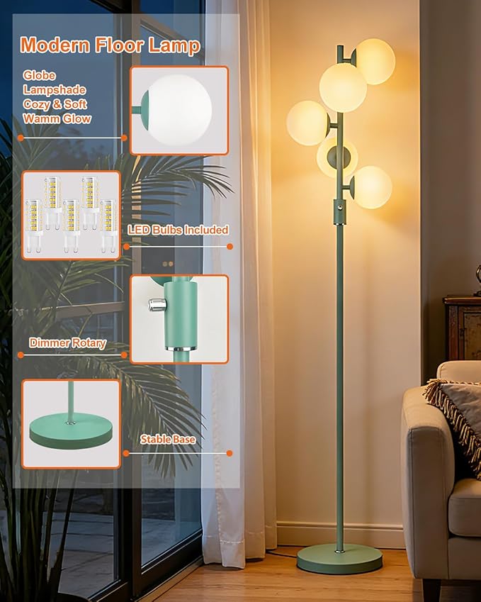 Lightdot Dimmable Globe Floor Lamp Mid Century Modern Floor Lamp with 5Pcs 3000K G9 Bulbs Stepless Brightness Adjustable Green Standing Lamps with 5Lbs Heavy Base for Living Room Bedroom Office