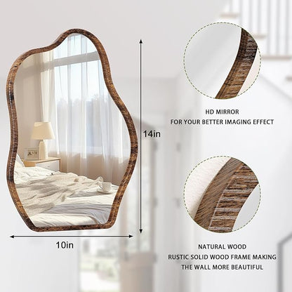 Small Asymmetrical Irregular Wall Mirror Wood Frame Mirror Unique Modern Wall-Mounted Artistic Cloud Shape Mirror Decor for Bathroom Bedroom Living Room Entryway Hallway Vanity