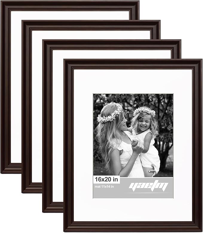 Yaetm 16x20 Picture Frame Matted to 11x14 Set of 4, 1.4" Wide Molding & Dark Brown Poster Frames 16 x 20 for Wall Gallery, Home and Office, Wall Mount (4 Pack, Brown)