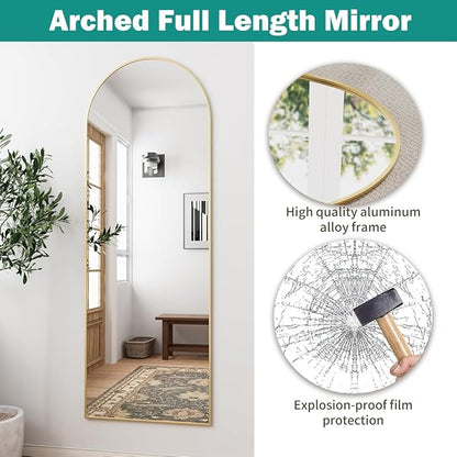 Arched Full Length Mirror, 58"x18" Floor Mirror with Stand, Large Full Body Mirrors, Arch Wall Mirror, Big Full Size Mirrors for Bedroom, Aluminum Frame, Gold