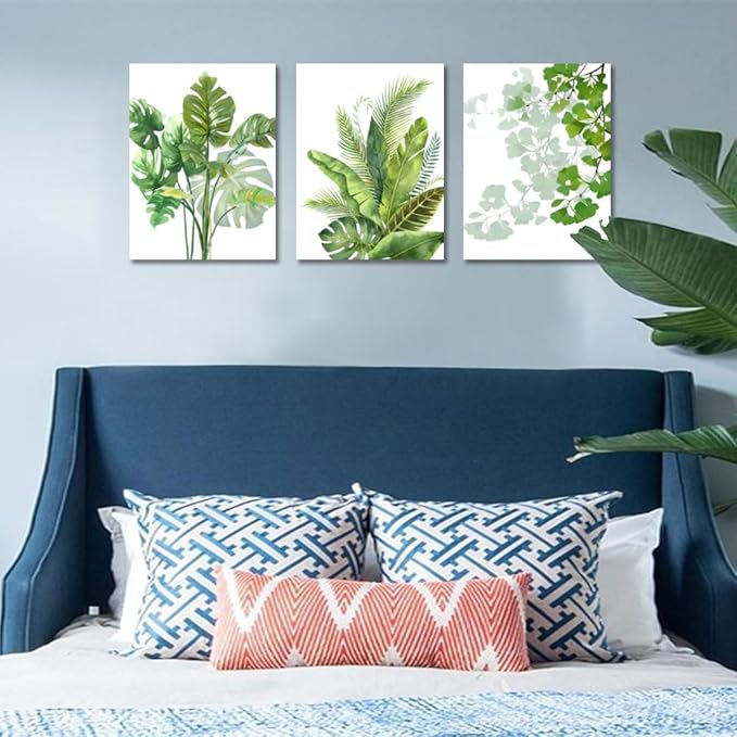 Enartly Green Leaf Wall Art Nature Plants Canvas Minimalist Leaves Prints Botanical Picture Tropical Floral Painting Artwork Framed for Bathroom Living Room Bedroom Office Home Decor 12"x16"x3