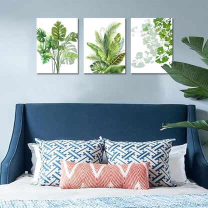 Enartly Green Leaf Wall Art Nature Plants Canvas Minimalist Leaves Prints Botanical Picture Tropical Floral Painting Artwork Framed for Bathroom Living Room Bedroom Office Home Decor 12"x16"x3