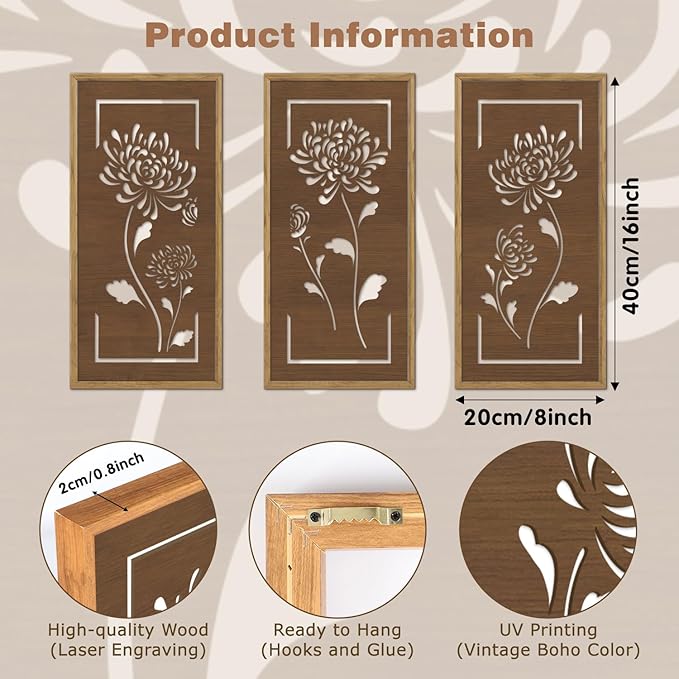 KAIRNE Floral Wooden Wall Art,Boho Flower Farmhouse Decor Set of 3(16X8),Brown Vintage Wood Hanging Decor,Bohemian Framed Wall Art,Retro Design for Living Room Bedroom Office Decor