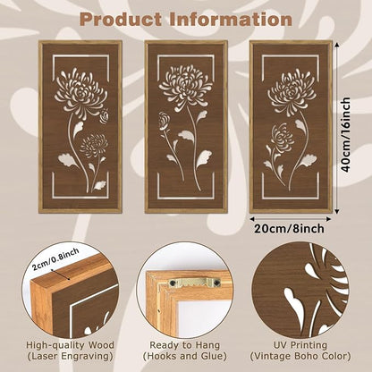 KAIRNE Floral Wooden Wall Art,Boho Flower Farmhouse Decor Set of 3(16X8),Brown Vintage Wood Hanging Decor,Bohemian Framed Wall Art,Retro Design for Living Room Bedroom Office Decor