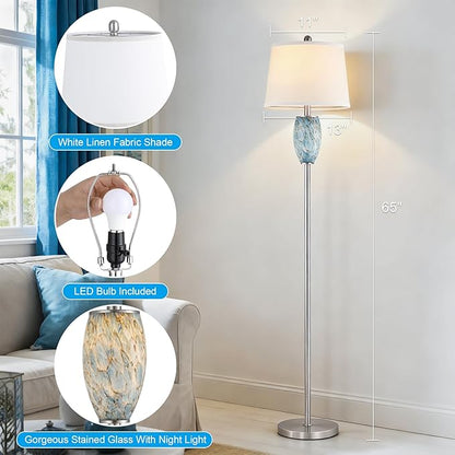 Lovlast Modern Floor Lamp for Living Room, Bedroom, Stained Glass Coastal Lamp for Living Room Decor, Mid Century 65" Tall Standing Lamp with Nightlight, Corner Stand Up Light (Bulb Included)