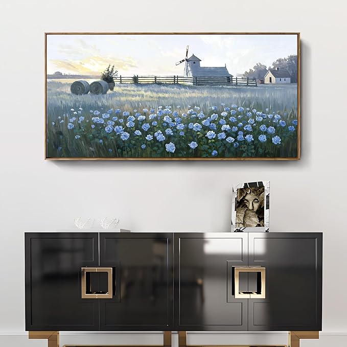 Large Framed Modern Canvas Wall Art, Natural Rural Farm Print Picture, Blue Windmill Flower Field Landscape Art Decor For Living Room, Bedroom, Dining Room, And Kitchen. 48X24 Inches.