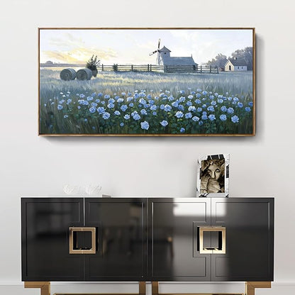 Large Framed Modern Canvas Wall Art, Natural Rural Farm Print Picture, Blue Windmill Flower Field Landscape Art Decor For Living Room, Bedroom, Dining Room, And Kitchen. 48X24 Inches.