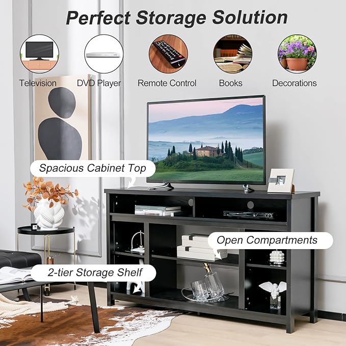 Tangkula TV Stand for TVs up to 65", Media Console Table w/Adjustable Shelf & Cable Management Holes, Modern TV Cabinet, Wooden TV Table, Entertainment Center for Living Room (Black)