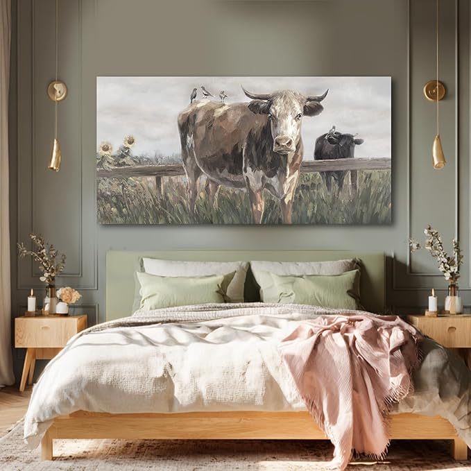 ZENPEE Large Brown and Black Cow Canvas Wall Art – Vintage Farmhouse Animal Decor for Bedroom, Bathroom, Office, Fireplace & Kitchen, 29 x 58 Inch