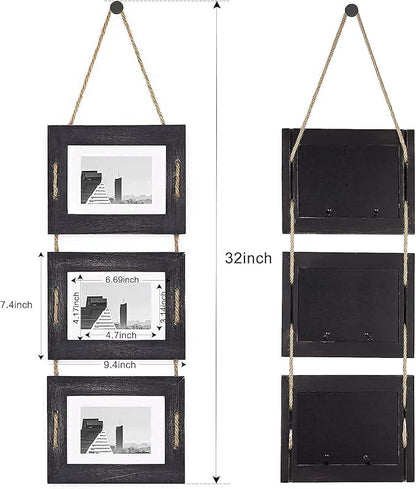 DLQuarts 5x7 Hanging Picture Frames Collage Wall Decor, 3-Opening Photo Frames 5x7 Without Mat & 3.5x5 with Mat, Rustic Wood 3-Frame, Weathered Black