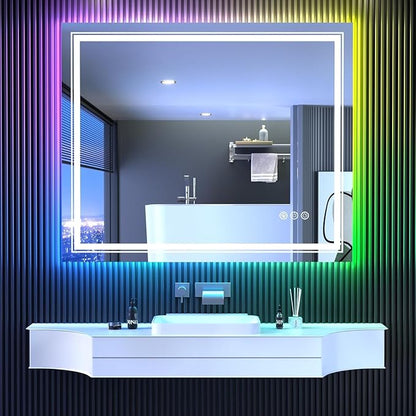 Snowdool LED Mirror for Bathroom, 48"X40" with 8 RGB Backlit +3 Front Lit (Adjustable Individually), Anti-Fog, Large Lighted Bathroom Vanity Mirror for Wall,Shatterproof,Memory Function,Tempered Glass