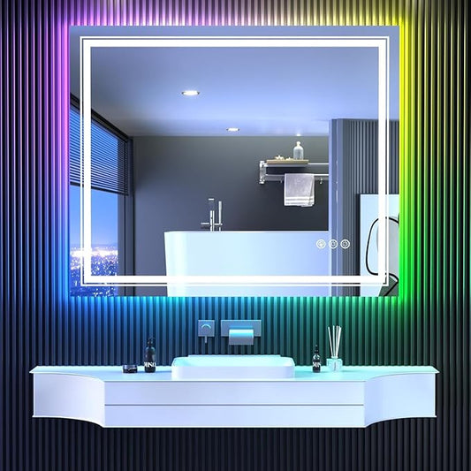 Snowdool LED Mirror for Bathroom, 48"X40" with 8 RGB Backlit +3 Front Lit (Adjustable Individually), Anti-Fog, Large Lighted Bathroom Vanity Mirror for Wall,Shatterproof,Memory Function,Tempered Glass