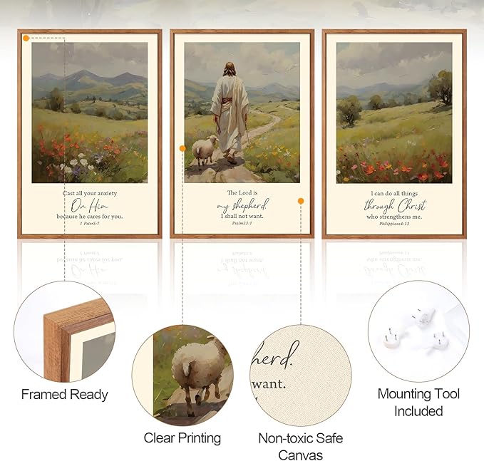Aurlan Christian Bible Verses Framed Wall Art(24"x36"), 3PCS Vintage Jesus Leaves The 99 Lost Sheep Inspirational Scripture Canvas Artwork, Religious Abstract Flowers Nature Landscape Gallery Decor for Home Office Bedroom