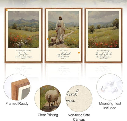 Aurlan Christian Bible Verses Framed Wall Art(24"x36"), 3PCS Vintage Jesus Leaves The 99 Lost Sheep Inspirational Scripture Canvas Artwork, Religious Abstract Flowers Nature Landscape Gallery Decor for Home Office Bedroom