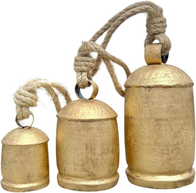 Vintage Metal Harmony Bells, Rustic Farmhouse Door Hanging Cow Bells, Gold Shabby Chic Christmas Decor, Bells for Christmas Wreath, Set of 3 with Jute Rope
