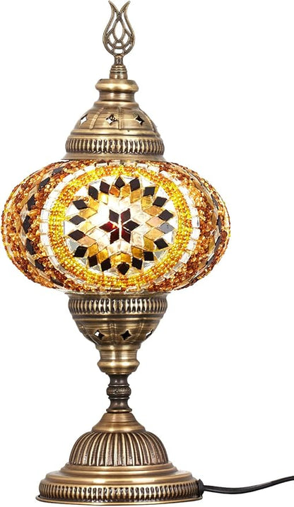 DEMMEX – 7" Large Globe Turkish Moroccan Mosaic Table Lamp, Handcrafted Tiffany-Style Colorful Glass Bedside, Desk & Table Light, Artisan Decor for Living Room or Bedroom, 14" H (Amber&Brown)