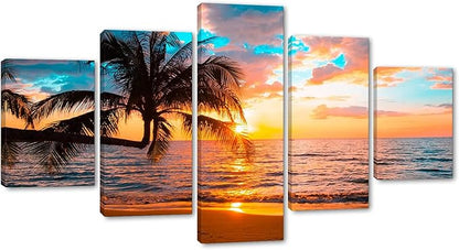 Yatsen Bridge Beaches Wall Art 5 Piece Set Sunset Poster Ocean Scenic Nature Pictures HD Print on Canvas Office Home Decor Framed Ready to Hang - 60''W x 32''H