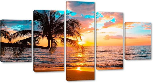 Yatsen Bridge Beaches Wall Art 5 Piece Set Sunset Poster Ocean Scenic Nature Pictures HD Print on Canvas Office Home Decor Framed Ready to Hang - 60''W x 32''H