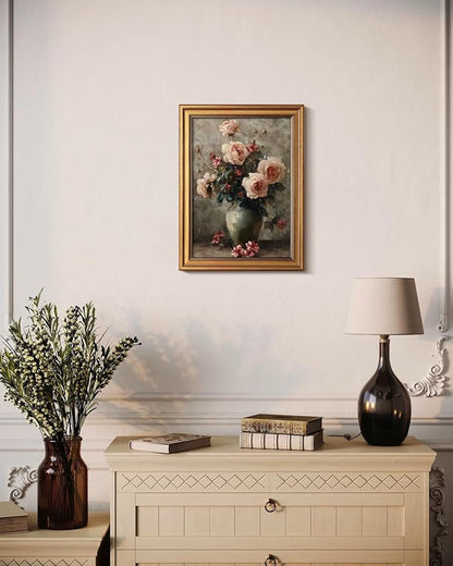 Bzstyleart Vintage Wall Art Decor for Living Room, Gold Framed Canvas Wall Art for Office, Flower Painting Framed Artwork, Canvas Print Painting for Bedroom Bathroom, Magnolia Flower 12L x 16W