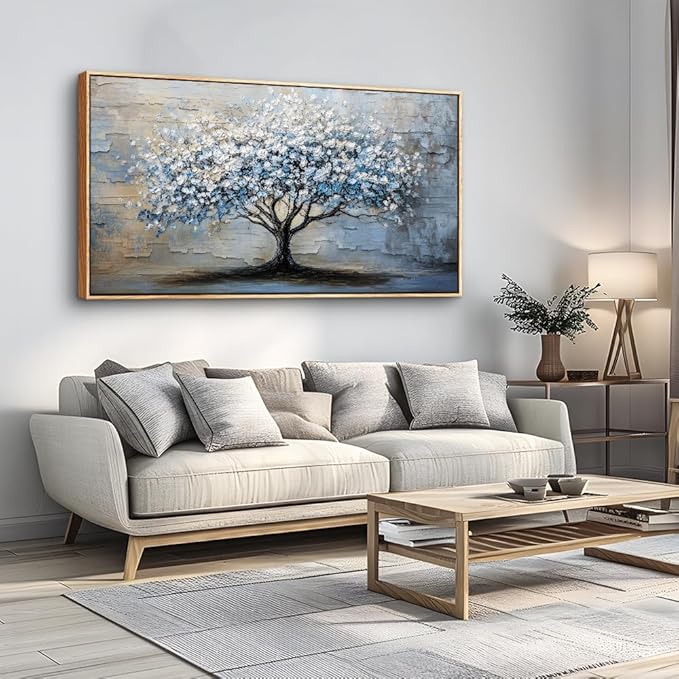 ERQINHUA Wood Framed Abstract Wall Art Office Large Wall Decor Art For Living Room Wall Pictures Blue Grey TreePainting Framed Canvas Artwork Bedroom Dining room Home Decoration Aesthetics 24"X48"