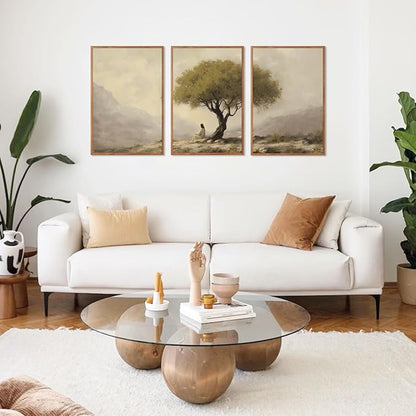 HLNIUC Jesus Sitting Under Olive Tree Canvas Wall Art,Religious Christian Wall Decor(24x36x3),Easter God Bible Story Framed Artwork,Vintage Garden of Gethsemane Prints for Church,Living Room,Bedroom