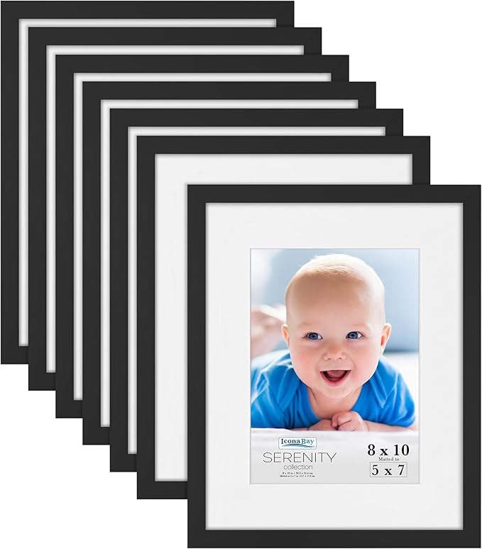 Icona Bay 8x10 Picture Frames w/Removable Mat for 5x7 Photos (Black, 10 Pack), Sleek Modern Style Frames, Table Top or Wall Mount, Serenity Collection