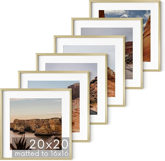 HAUS AND HUES 20x20 Gold Metal Picture Frames Matted to 16x16 - Premium Aluminum with Hanging Hardware, Shatterproof Plexiglass - Ideal for Home or Office (20x20 in, Gold, Set of 6)