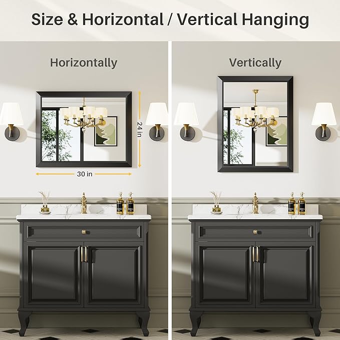 Briivue 24x30 Inch Black Bathroom Mirror for Wall, Thick Metal Framed Rectangle Mirrors for Over Sink, Bedroom, Living Room, Entryway, Anti-Rust, HD Tempered Glass