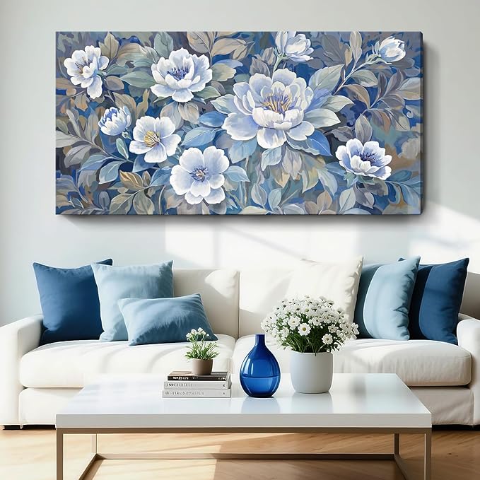 amatop Extra Large Blue White And Gray Plant Canvas Wall Art; Modern Abstract Flower Print Picture For Living Rooms, Dining Rooms, Bedrooms, Offices, And Meeting Rooms. 58X29 Inches.