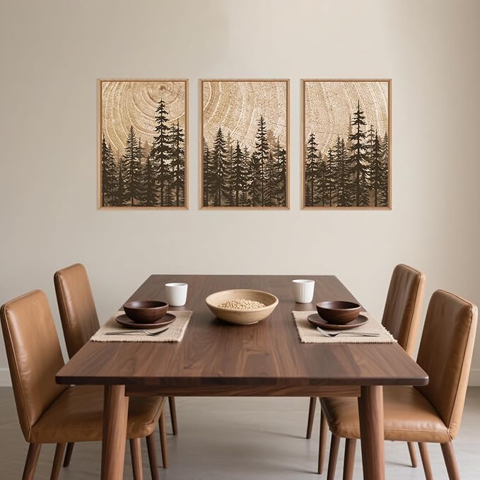 Forest Pine Tree Framed Canvas Wall Art Set,Rustic Woodland Landscape Wall Decor,Large Vintage Natural Painting,Retro Brown Artwork for Living Room,Bedroom, Kitchen,Study,Office-16 x24 x3