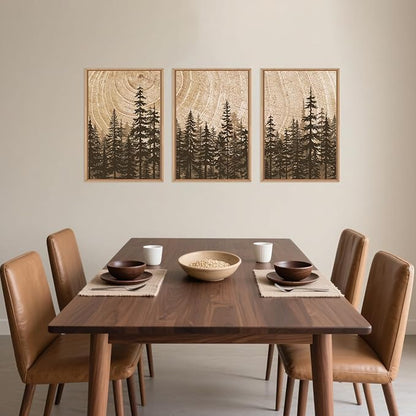 Forest Pine Tree Framed Canvas Wall Art Set,Rustic Woodland Landscape Wall Decor,Large Vintage Natural Painting,Retro Brown Artwork for Living Room,Bedroom, Kitchen,Study,Office-24 x36 x3