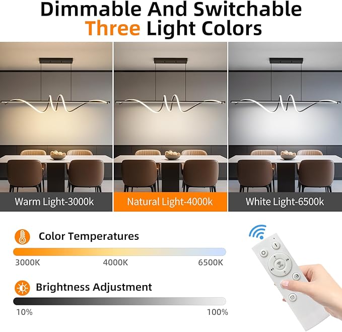 Modern LED Chandelier Light, 39IN Pendant Light Fixtures Dimmable with Remote Control 3000k-6500K Adjustable Color Temperature, Aluminum Island Lighting Lamp for Dining Room, Living Room, Island