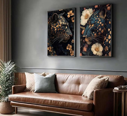 Framed Dark Cheetah Canvas Wall Art Moody Blue and Gold Leopard Wildlife Animal Flower Pictures Painting Wall Decor Poster Print Artwork for Living Room Bedroom Decoration