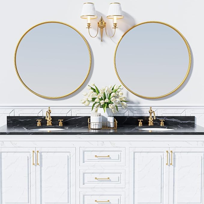 PROHOMEWARE Gold Round Bathroom Mirrors, 32 inch Circle Wall Mounted Hanging Mirror for Entryway, Living Room, Hallway, Bathroom, Bedroom