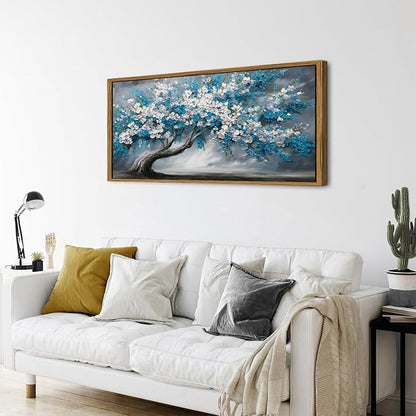 Framed White Blue Tree Wall Art Tree of Life Picture for Living Room Colorful Flower Decor Abstract Nature Scenery Texture Prints Canvas Painting Watercolor Artwork Bedroom Kitchen Decoration 24x48