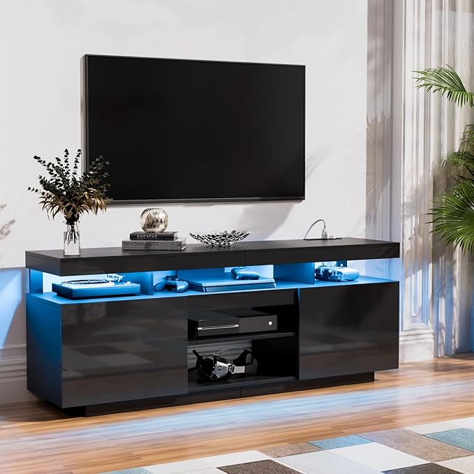 HOMMPA 75 Inch LED TV Stand, Modern Tall Entertainment Center with Power Outlets for Living Room, Bedroom, High Gloss Black TV Console with Storage, Gaming Media Cabinet for 75/70/65/55 Inch TVs