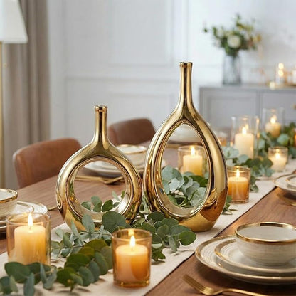 Glossy Gold Vase Ceramic Gold Vases Home Decor,Modern Minimalist Circle with Hole Decorative Vase, Hollow Ellipse Flower vases for Bookshelf, Fireplace Mantle, Centerpieces,Farmhouse,Rustic Décor