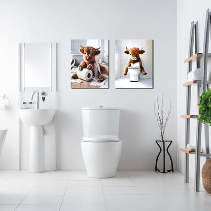 Funny Highland Cow Wall Art Set of 3, Rustic Farmhouse Bathroom Cow Pictures Wall Decor Painting, Brown Cute Cow Animal Canvas Posters Prints for Bathroom Restroom Home Decor Framed 12x16 Inch
