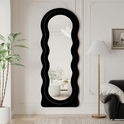 Dewfig Wavy Full Length Mirror with Stand, 63" x 24" Irregular Floor Mirror, Large Floor Length Mirror, Freestanding/Leaning/Wall Mounted, Flannel Wrapped Wooden Frame for Bedroom/Living Room, Black