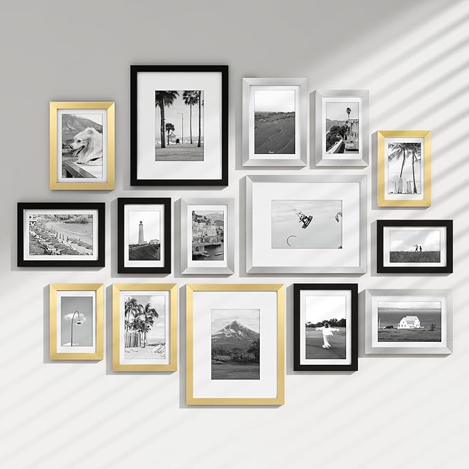Venusmiles 15 Pack Picture Frames Collage Wall Decor, Gallery Frame Set for Wall Mounting or Tabletop Display, Multi Sizes Including 3pcs 8x10, 6pcs 5x7, 6pcs 4x6, Black+Silver+Gold