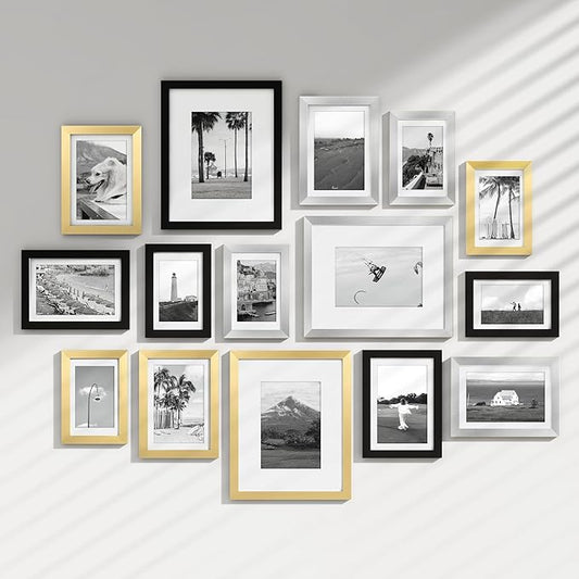 Venusmiles 15 Pack Picture Frames Collage Wall Decor, Gallery Frame Set for Wall Mounting or Tabletop Display, Multi Sizes Including 3pcs 8x10, 6pcs 5x7, 6pcs 4x6, Black+Silver+Gold
