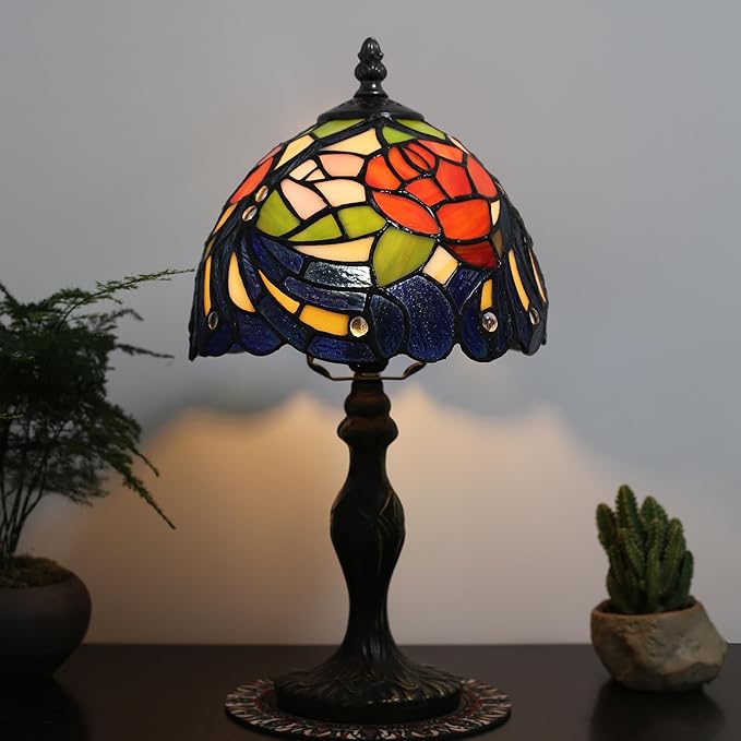 Tiffany Style Lamp Stained Glass Table Lamp 8" x 14.5" Mini Accent Light Pink Red Rose Feather Design Small Decorative Bedside Bedroom Living Room Memory Lamp