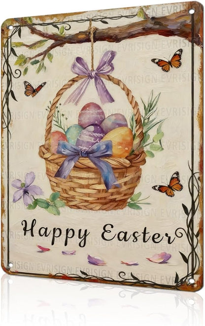 Happy Easter Metal Sign Retro Fun Design Family Party Decor Tin Wall Panel For Home Living Room Kitchen Easter Celebration 12x16Inch
